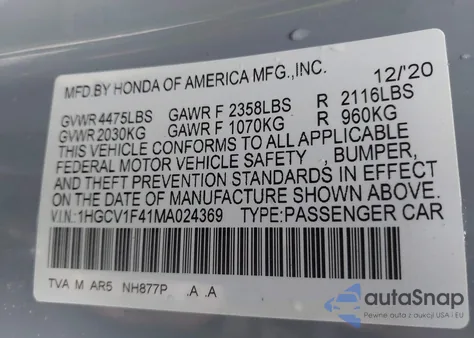 2021 Honda Accord Sport Special Edition из США, поврежденный, VIN 1HGCV1F41MA024369